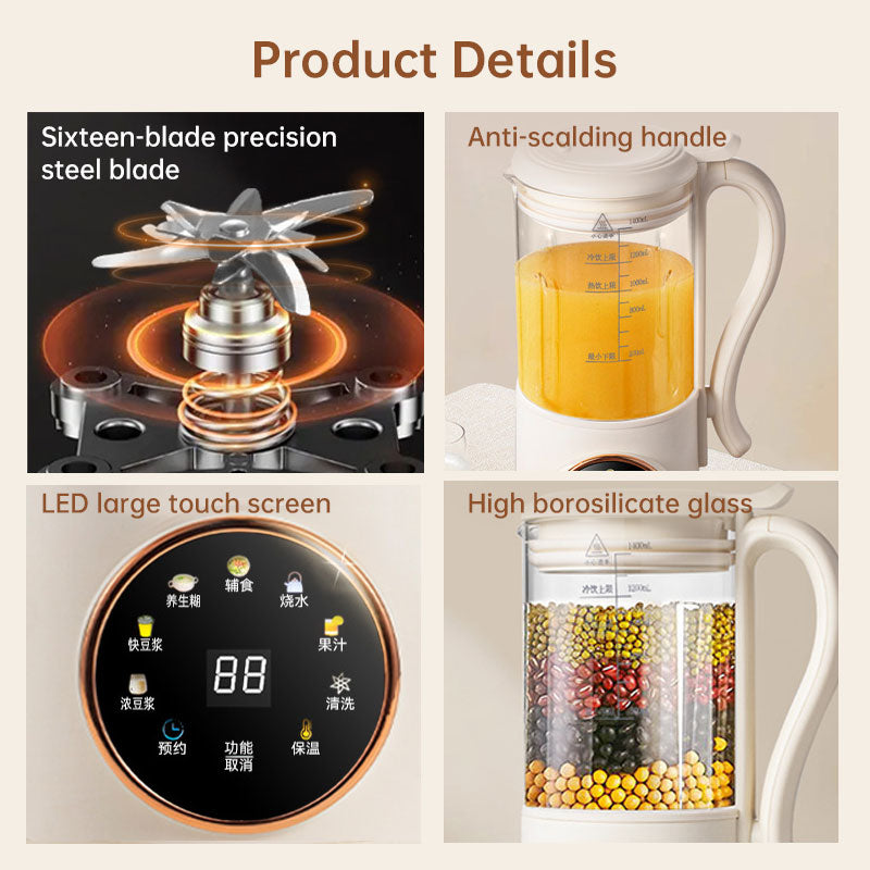 1.4L Nut & Soy Milk Maker – 6-Program Plant-Based Drink Machine, 16 Blades, LED Touchscreen, Borosilicate Glass