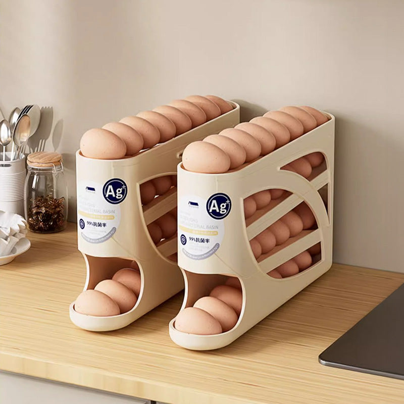 Auto-Roll Egg Storage Box – Fridge Side Door, Holds ~30 Eggs, PP Plastic, Cream or White